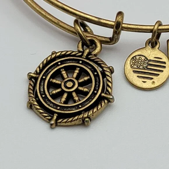 ALEX AND ANI Take The Wheel Charm Expandable Bangle Bracelet 7" Gold Tone Brass - Picture 2 of 5